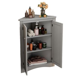 Meuble D'angle De Rangement Salle De Bain Gris Avec 2 Portes Et 3 Niveaux