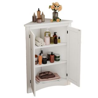 Meuble D'angle De Rangement Salle De Bain Blanc Avec 2 Portes Et 3 Niveaux