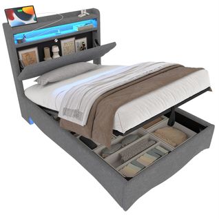 Lit Enfant LED 90x200 Cm Avec Coffre, Ports USB/type-c, Tête à Rangement, Lin Gris