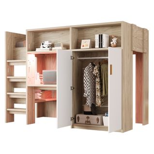 Lit Mezzanine Enfant 90x200 Cm LED Avec Bureau, Armoire, Étagères Rangements, Bois Et Blanc