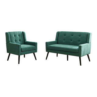 Set De 2 Banquette 2 Places Et Fauteuils En Lin Vert, Mousse Haute Densité, Pieds En Bois