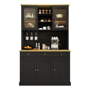 Buffet De Cuisine Haut 191 Cm Avec Portes Vitrées, 3 Tiroirs, Porte-verres Et Prises USB, Noir