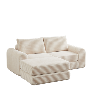 Canapé Convertible D'angle 2 Places En Velours Côtelé Beige Avec Poufs Amovible