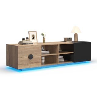 Meuble TV Avec LED 180 Cm Bois Et Noir Avec 2 Tiroirs Et Porte, Rangement Salon