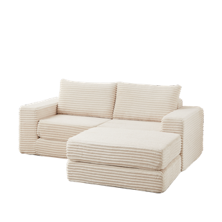 Canapé D'angle Convertible 2 Places Modulable En Velours Côtelé Beige Avec Poufs Amovible
