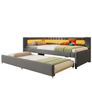 Lit Enfant Gigogne 90x190/200 Cm LED, Ports USB/type-c Et Sommier à Lattes, En Lin Gris