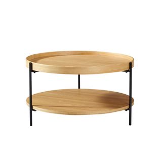 Table Basse Rond, Bout De Canapé 2 Niveaux 69 Cm, Bois Naturel Et Métal Noir, Salon