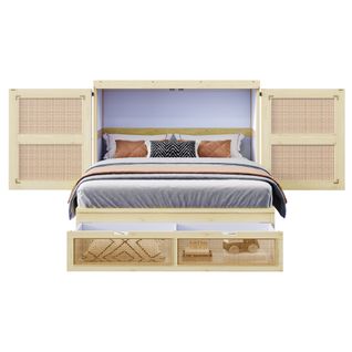 Lit Escamotable 140x200 Cm Avec Sommier à Lattes, Bois Naturel, Avec Tiroirs