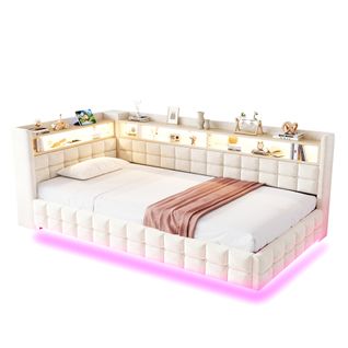 Lit Enfant LED 90x200 Cm Velours Beige Avec Coffre, Prises USB/type-c Et Rangement
