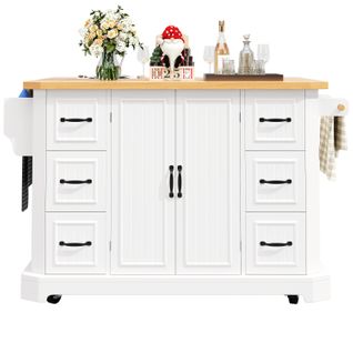 Desserte, Îlot De Cuisine Blanc Rabattable, 2 Portes Et 6 Tiroirs, Plateau Effet Bois, à Roulettes