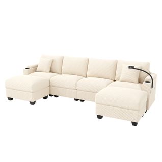 Canapé D’angle 6 Places Modulable En U Avec Ports USB/type-c Et Rangements, Tissu Côtelé Beige