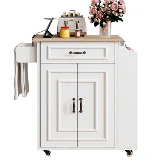 Desserte, Îlot De Cuisine à Roulettes 66x60x90 Cm Blanc Avec Plan Pliant, Tiroir Et 2 Portes