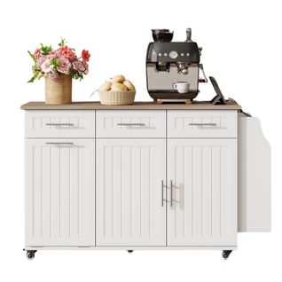 Desserte, Îlot De Cuisine Mobile 120×40(70)×90 Cm Avec Prises USB, Rangements Et Roulettes, Blanc