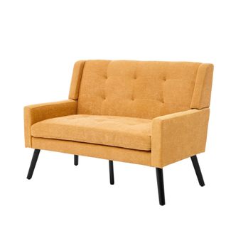 Banquette, Canapé 2 Places En Lin Jaune, Pieds En Bois Antidérapants