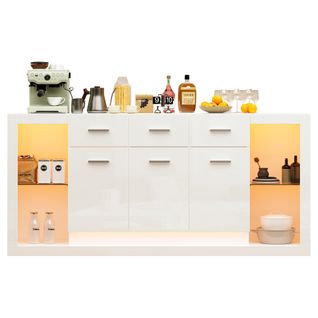 Buffet Blanc LED 160 Cm Avec Étagères Réglables, Rangements, 3 Tiroirs Et 3 Portes - Salon/cuisine