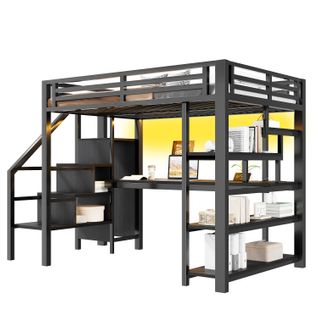 Lit Mezzanine Adulte 140x200 Cm LED, Bureau Intégré, Ports USB, Rangements, Métal Noir
