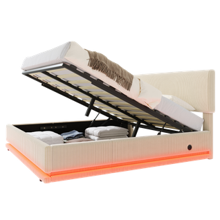 Lit Adulte 160x200 Cm LED Avec Coffre, Ports USB-c, Tête De Lit Réglable, Tissu Côtelé Beige