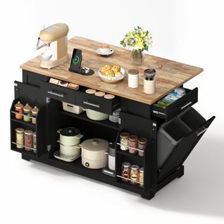 Desserte Noir, Îlot De Cuisine Mobile 138x86 Cm Avec Plateau Bois Rabattable, Prises Et Roulettes