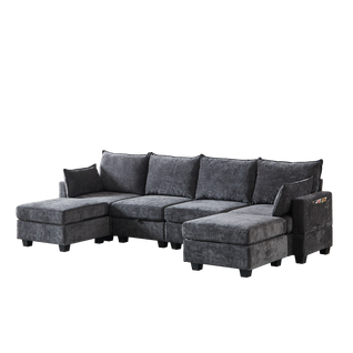 Canapé D’angle 6 Places Modulable Avec 6 Coffres De Rangements, Chenille Gris