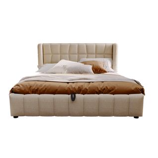 Lit Adulte 180x200 Cm Avec Coffre, Rangement Hydraulique, Sommier à Lattes, En Lin Beige