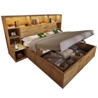 Lit Adulte Coffre 160x200 Cm Bois Chêne Avec LED, Ports USB/type-c, Rangements Et Chevets