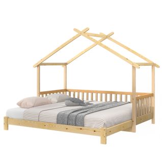 Lit Cabane 90x200 Cm - Lit Extensible Avec Grille Et Sommier à Lattes - Pin - Naturel