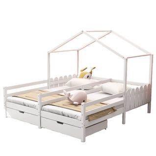Lit Enfant Cabane 90x200 Cm Avec Toit, Fenêtres, 2 Tiroirs Mdf Avec Roulettes, Cadre En Pin Blanc