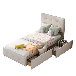 Lit Simple 90x200 Cm - Avec 2 Tiroirs Pratiques, Tissu Velours Doux, Beige