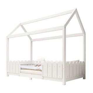 Lit Enfant 90x200 Cm - Lit Cabane Avec Clôtures Et Sommier Inclus, Structure En Bois De Pin, Blanc