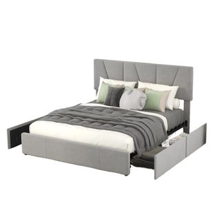 Lit Rangement 140x200 Cm, Rembourré, Tête De Lit Réglable, 4 Tiroirs, Pin + Mdf + Velours, Gris