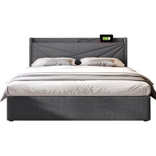 Lit Coffre 180x200 Cm - Lit Double Avec Sommier à Lattes - Coton Bois Métal - Gris