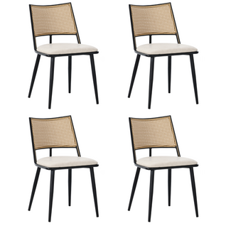 Chaises Lot De 4, Dossier En Rotin Et Assise Rembourrée En Pu, Pieds En Bois - Noir