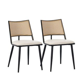 Chaises Lot De 2, Dossier En Rotin Et Assise Rembourrée En Pu, Pieds En Bois - Noir