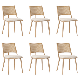 Chaises Lot De 6, Dossier En Rotin Et Assise Rembourrée En Pu, Pieds En Bois - Beige