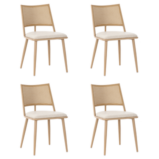 Chaises Lot De 4, Dossier En Rotin Et Assise Rembourrée En Pu, Pieds En Bois - Beige