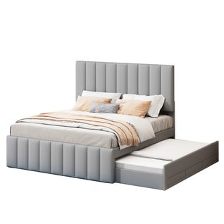 Lit Gigogne Double 140x200 Cm - Tiroirs Et Lit Enfant 90x190 Cm, Structure En Mdf Et Lin, Gris