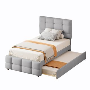 Lit Gigogne 90x200 Cm - Lit Simple Enfant Avec Structure Rembourrée - Mdf Métal Tissu Lin - Gris