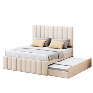 Lit Gigogne 140x200 Cm - Lit Double Avec Tiroirs Et Lit D'appoint, Mdf Et Lin, Beige