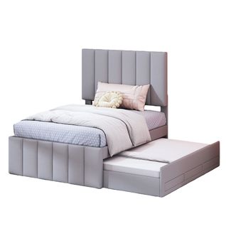 Lit Gigogne Enfant 90x200 Cm - Tiroirs Et Lit Gigogne, Revêtement En Lin, Mdf Et Métal - Gris