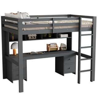 Lit Mezzanine 90 X 200 Cm - Lit Simple Avec Escalier à Rampe Haute - Pin + Mdf - Gris