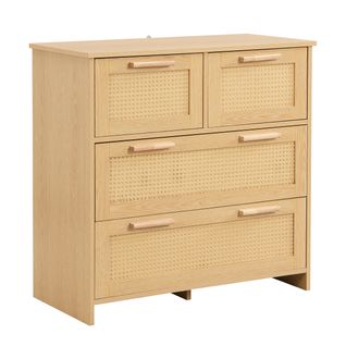 Commode - Bois Et Rotin 4 Tiroirs Avec Poignées, Design Naturel Moderne, Mdf+, Naturel