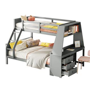 Lit Superposé Enfant 90x200 Cm Avec Table, Rangement Spacieux, Garde-corps Hauts, Pin et Mdf, Gris