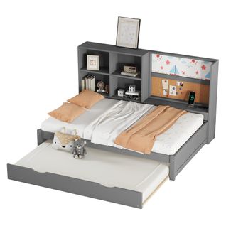 Lit Enfant Gigogne 90 X 200 Cm - Port De Chargement USB Et Rangement - Bois De Pin + Mdf - Gris