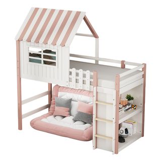 Lit Mezzanine 90x200 Cm - Lit Cabane Enfant Avec Échelle De Sécurité, Rangement, Massif Mdf Rose