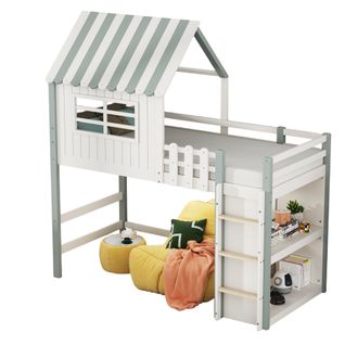 Lit Mezzanine 90x200 Cm - Lit Cabane Enfant Avec Échelle De Sécurité, Rangement, Massif Mdf Vert