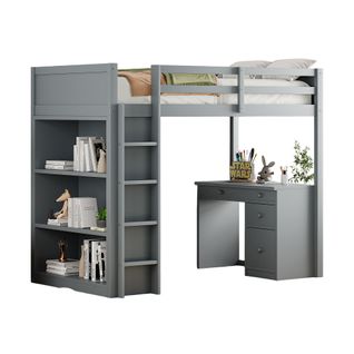 Lit Mezzanine 90x200 Cm - Lit Enfant Avec Bureau Et Rangement, Lit Combiné En Bois De Pin Gris