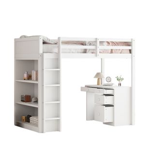 Lit Mezzanine 90x200 Cm - Lit Enfant Avec Bureau Et Rangement, Lit Combiné En Bois De Pin Blanc