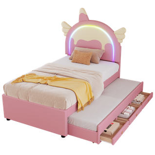 Lit Gigogne 90x200 Cm - Lit Simple Enfant Avec Lit Gigogne - Pu + Mdf - Rose