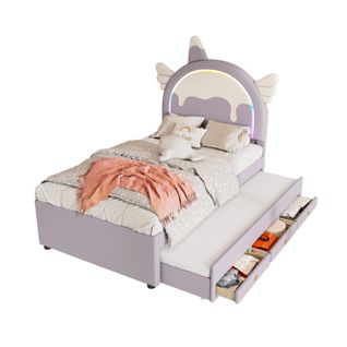 Lit Gigogne 90x200 Cm - Lit Simple Enfant Avec Lit Gigogne - Pu + Mdf - Violet