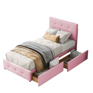 Lit Enfant 90x200 Cm Avec Sommier à Lattes, 2 Tiroirs Et Rangement, Velours Rose